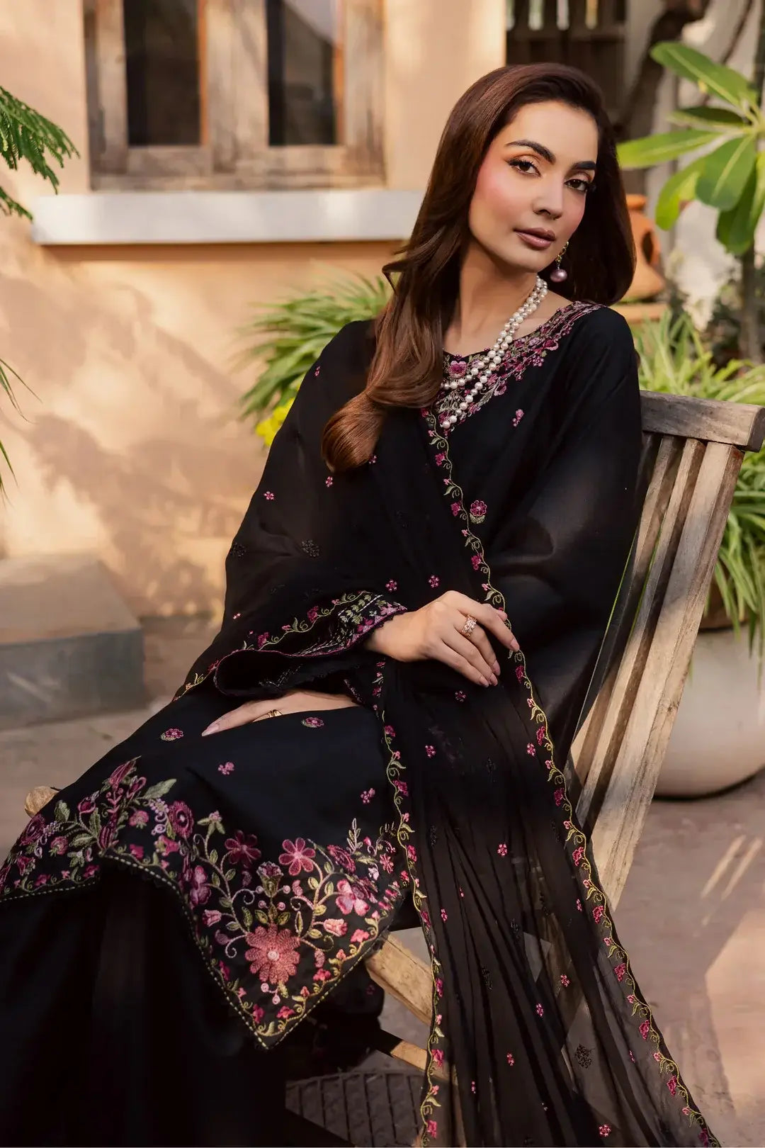 Stylish Black Cotton Embroidered Suit - 3 Pcs Set for Women