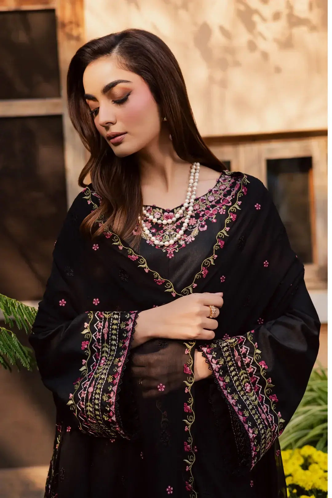 Stylish Black Cotton Embroidered Suit - 3 Pcs Set for Women