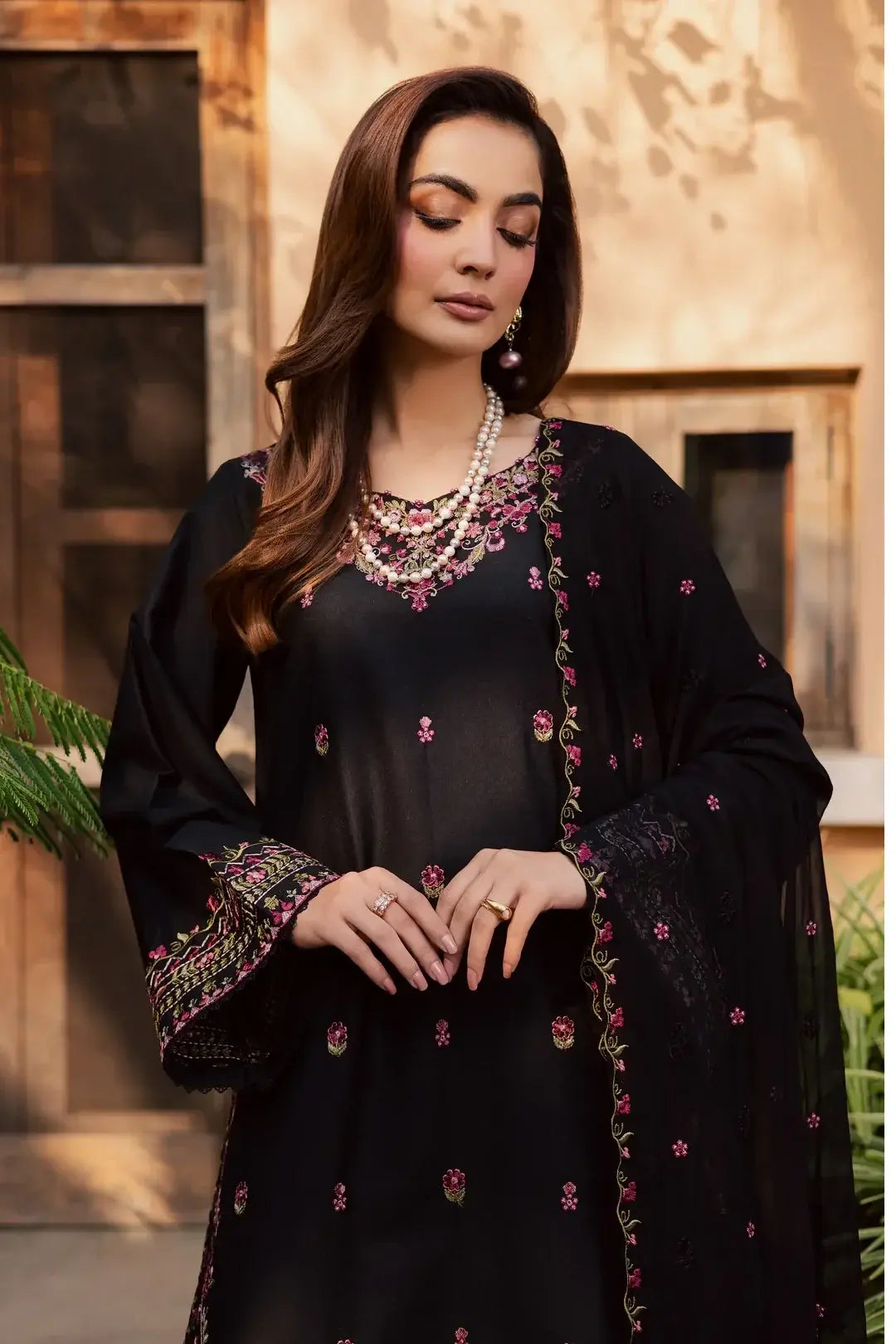 Stylish Black Cotton Embroidered Suit - 3 Pcs Set for Women