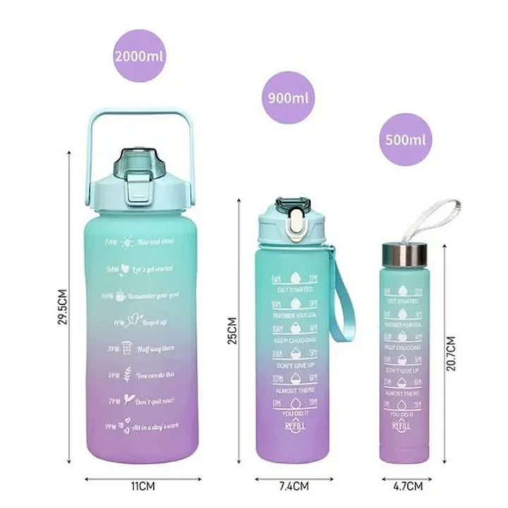 3 Pieces Combo Motivational Water Bottle Set For Day-to-Day Routine | With Time Marker, Funny Stickers, Straw & Handle (2L+900ml+280ml) (Pink With Multi Shades)