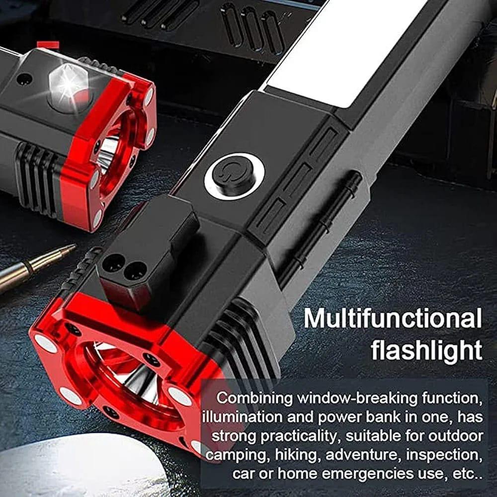 Premium Black LED Torch Light with Safety Hammer & Charger