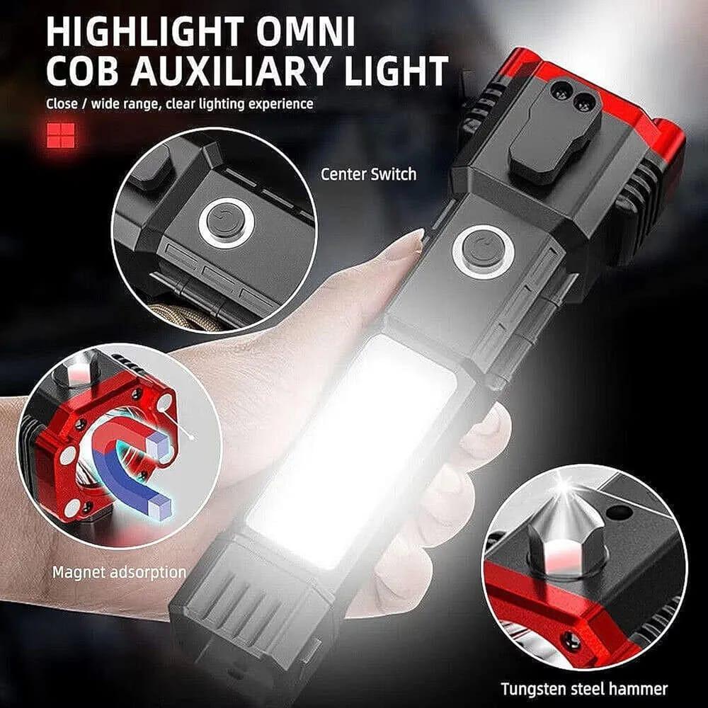Premium Black LED Torch Light with Safety Hammer & Charger