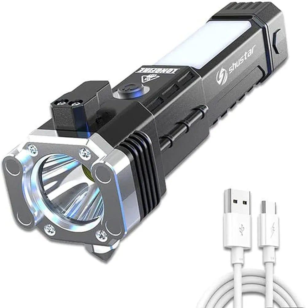 Premium Black LED Torch Light with Safety Hammer & Charger
