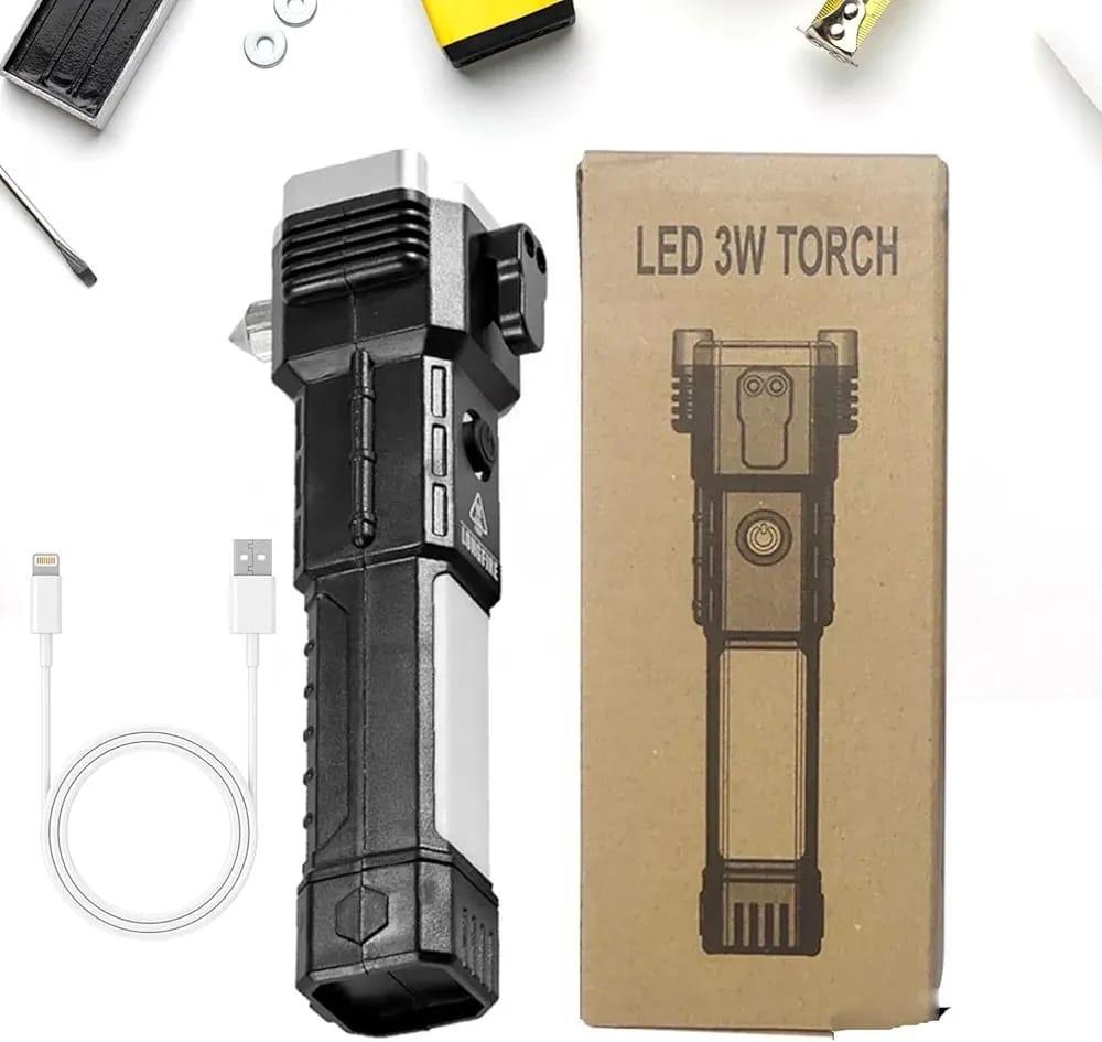 Premium Black LED Torch Light with Safety Hammer & Charger