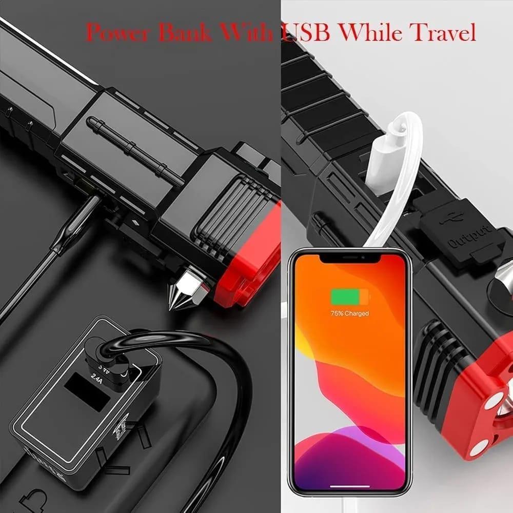 Premium Black LED Torch Light with Safety Hammer & Charger